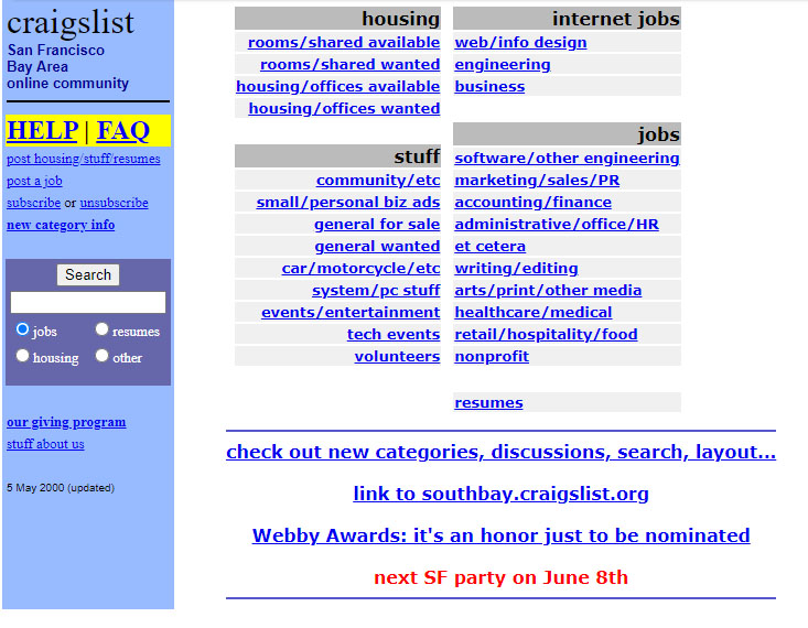 A screenshot of Craigslist as of May 2000